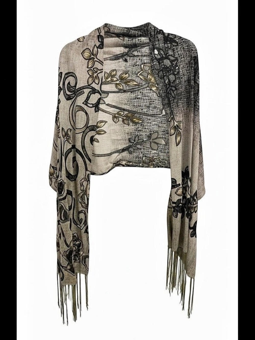Printed Fringe Sleeve Tunic in Black & Tan Like New